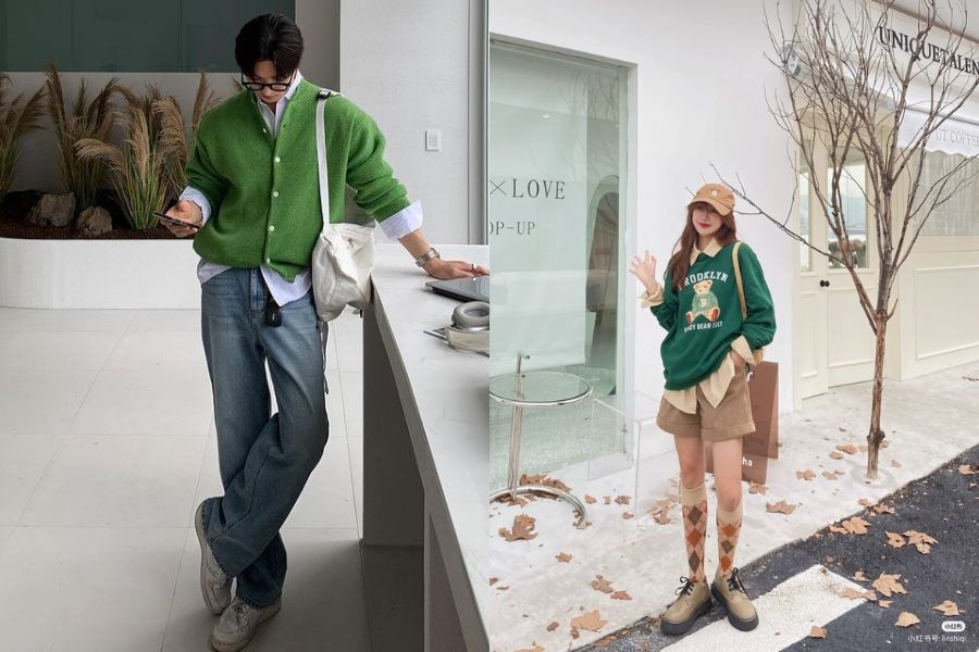 Phối đồ gam màu đất nổi bật trên nền trung tính kem hoặc đen