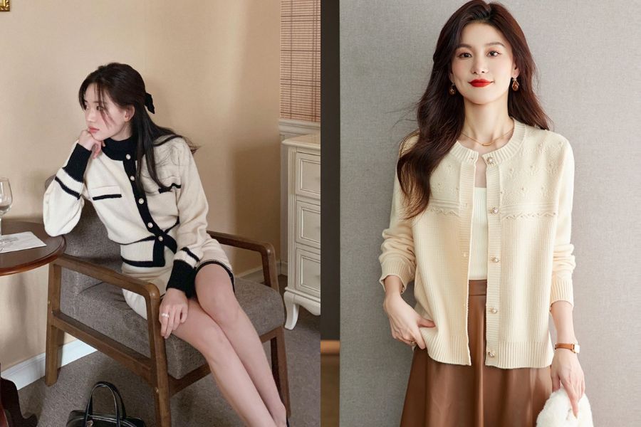 Áo cardigan cổ tròn dáng ngắn, nữ tính, rất hợp với chân váy chữ A
