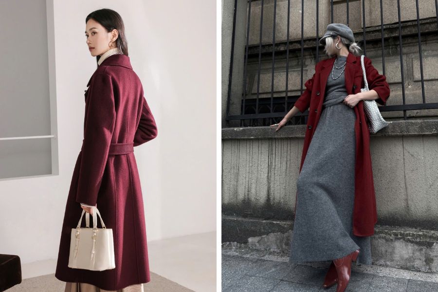 Thời trang như fashionista với áo dạ dáng dài màu đỏ và váy dài