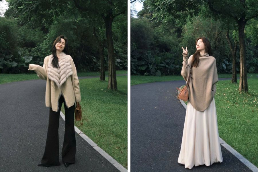 Mix áo choàng với quần ống rộng và chân váy ấm áp