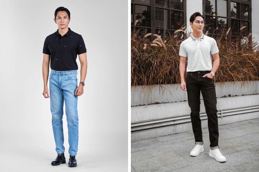 Mix áo Polo nam họa tiết dáng regular fit với quần jeans trẻ trung