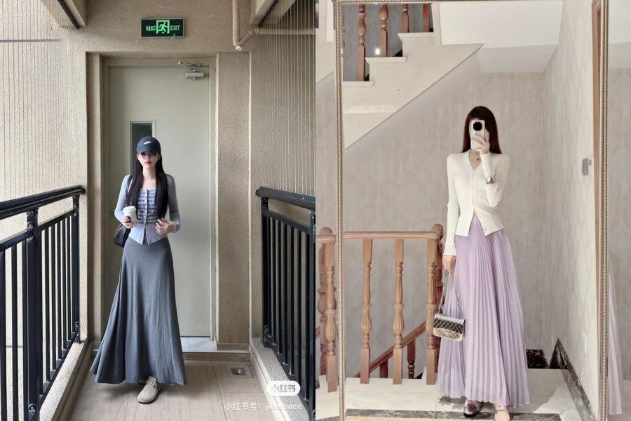 Áo len phối chân váy dài qua gối