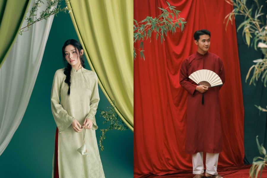 Tạo dáng chụp ảnh mặc áo dài Tết trong studio