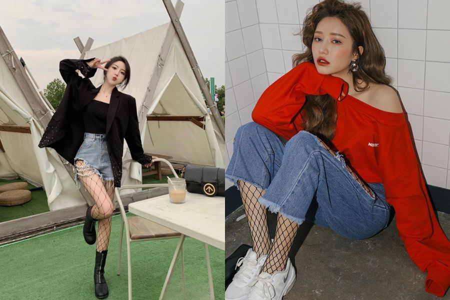 Tất lưới đen phối jeans rách