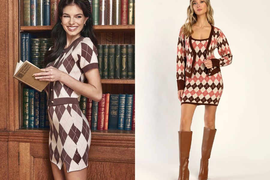 Váy len họa tiết ô kim cương