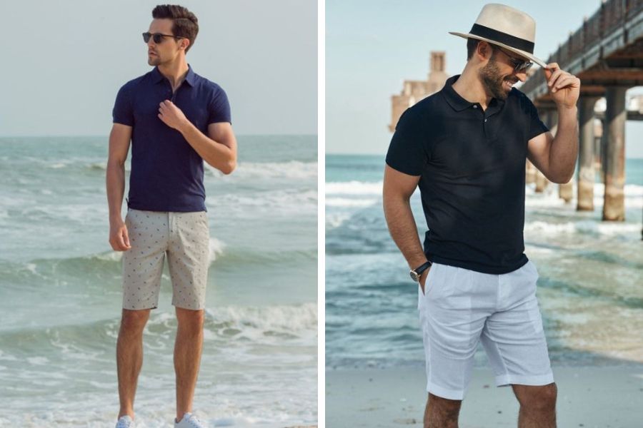 Áo polo mix quần short nam đi biển sáng màu