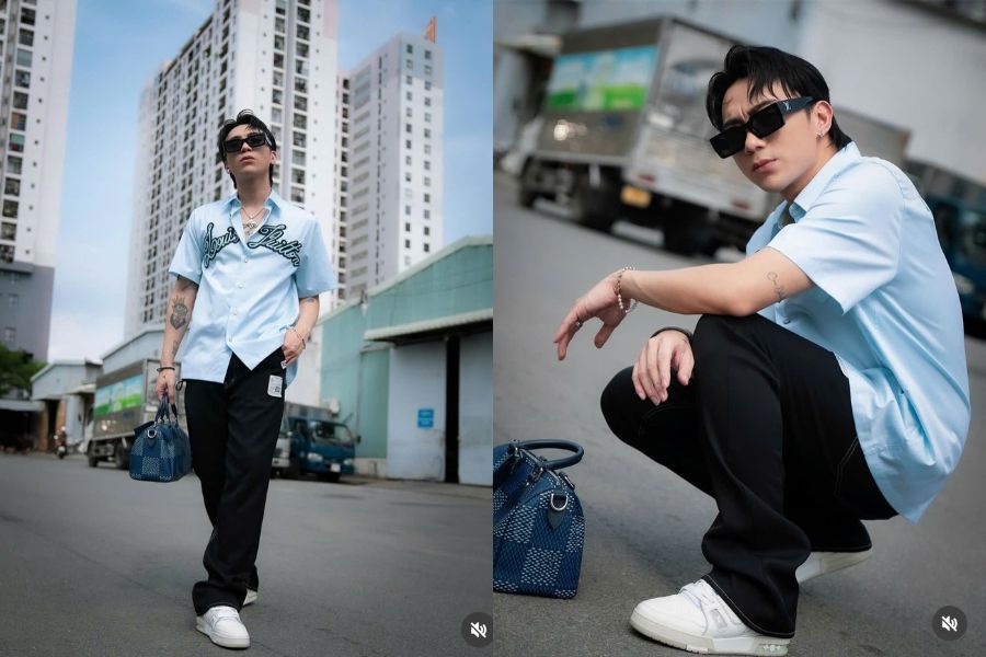 Sơ mi ngắn tay họa tiết  quần kaki và giày thể thao