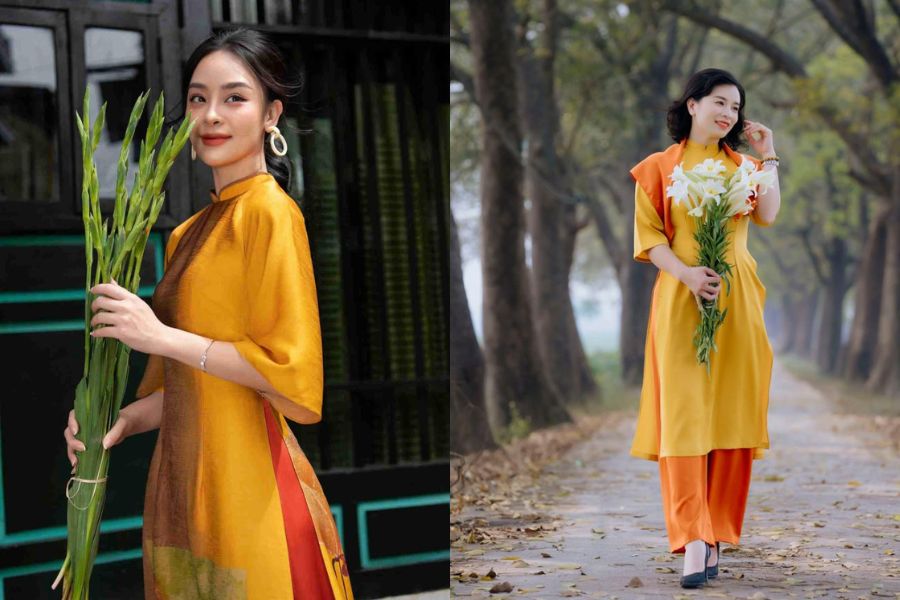 Áo dài vàng kết hợp quần cam