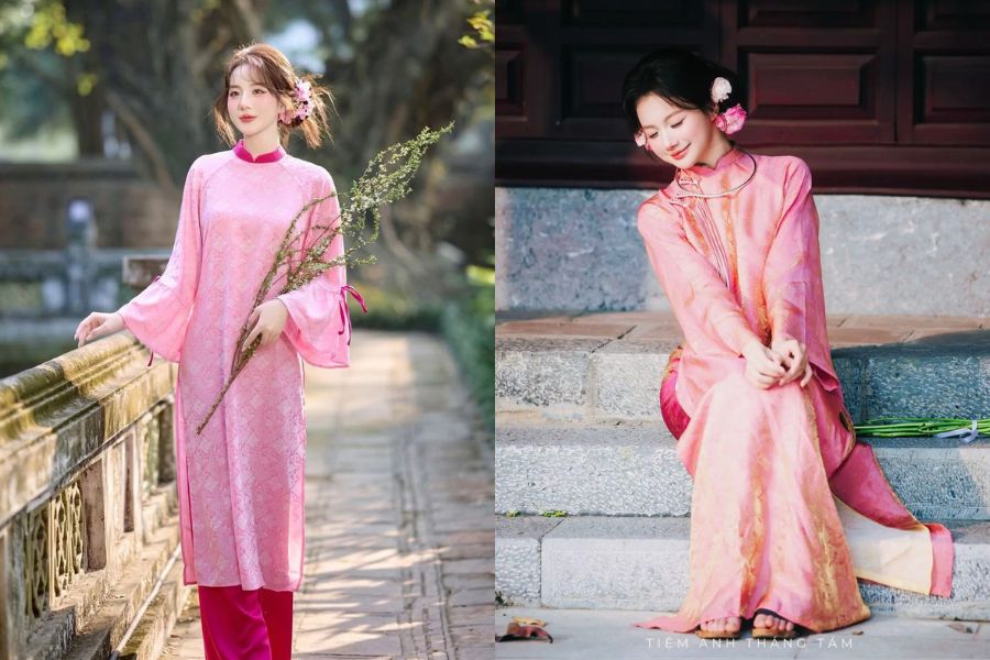 Áo dài hồng pastel phối quần hồng sen