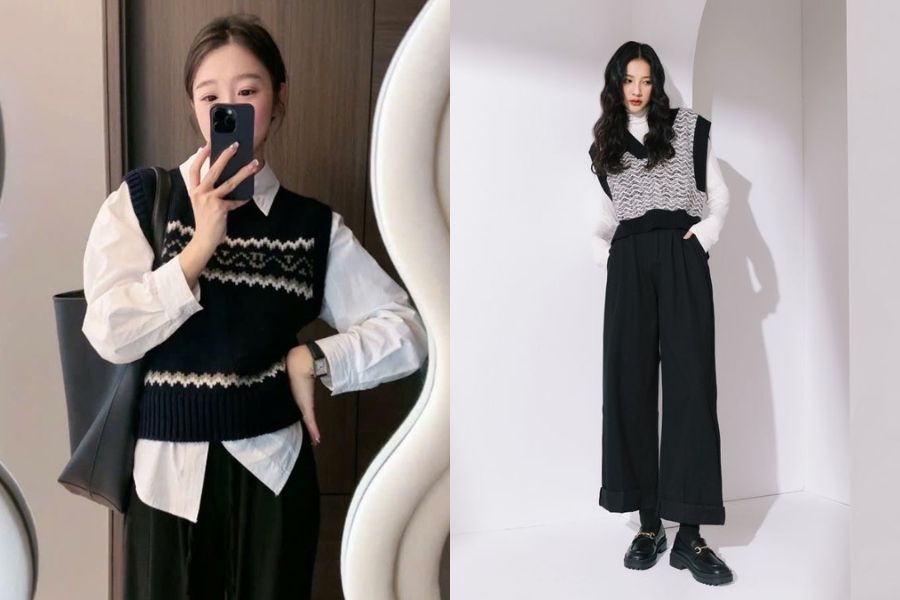 Áo gile len + sơ mi cổ bèo + quần tây ống đứng