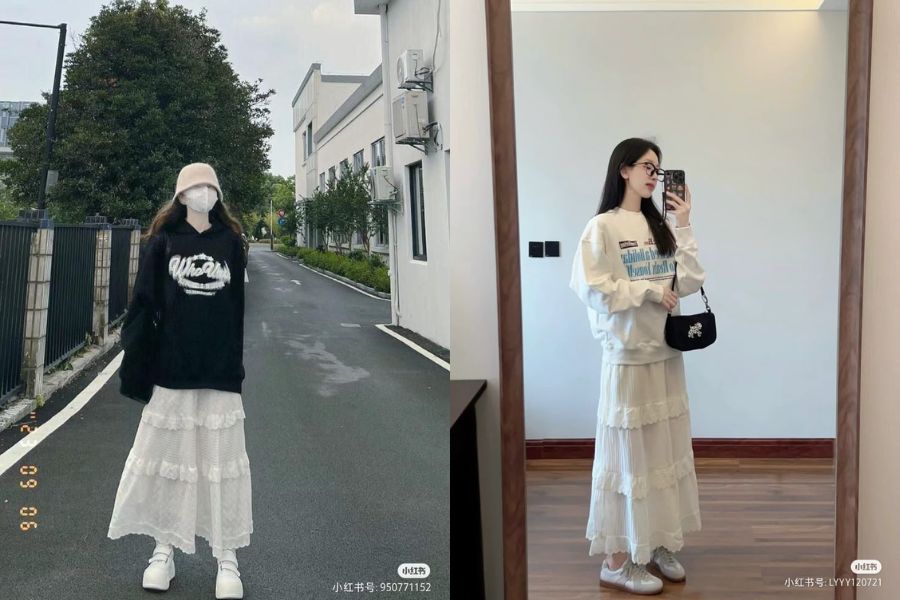 Chân váy dài mix áo hoodie trùm mông