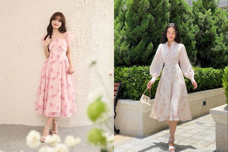 Váy hoa nhí nền hồng pastel