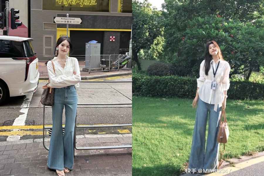 Phối đồ cho nữ thấp với quần jeans ống loe + giày cao gót mũi nhọn