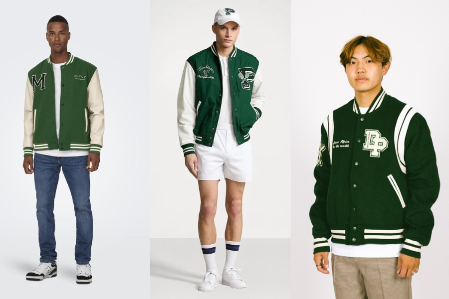 Mẫu áo bomber bóng chày xanh rêu