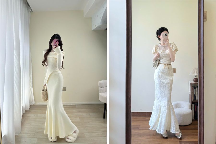 Vay đuôi cá dáng dài chất liệu len co giãn và voan quyến rũ