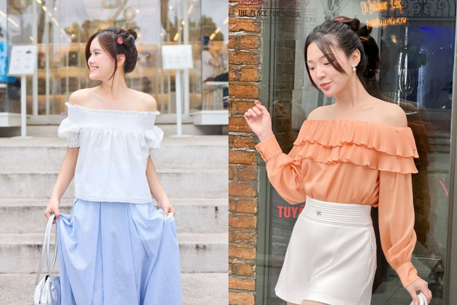 Phối áo trễ vai cho cô nàng có vòng 1 khiêm tốn