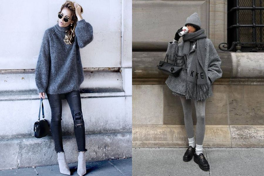 Áo len oversize + quần skinny + boots cổ ngắn