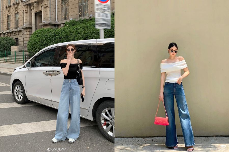 Quần jean ống rộng phối áo trễ vai 