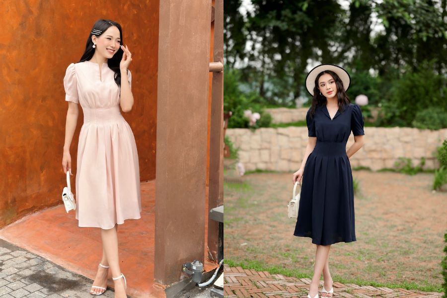 Đầm chiết eo phối cùng sandal cao gót