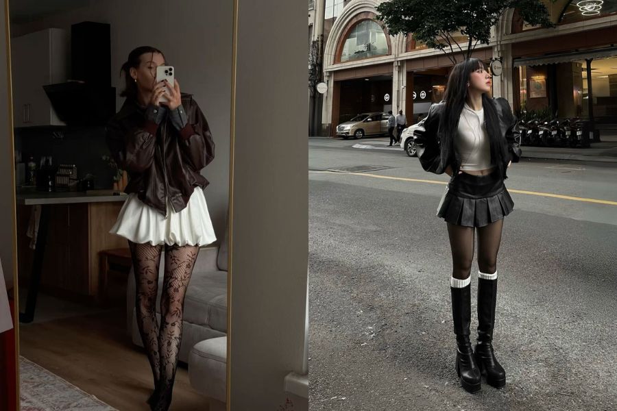 Tất đen phối váy dáng xoè