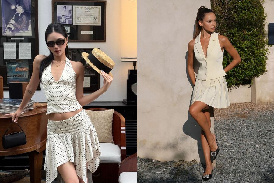 Áo croptop dáng yếm phối chân váy xoè bèo nhún