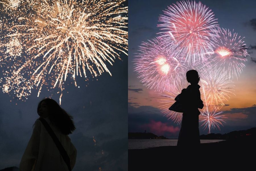 tạo dáng với bóng người khi chụp ảnh pháo hoa đêm giao thừa