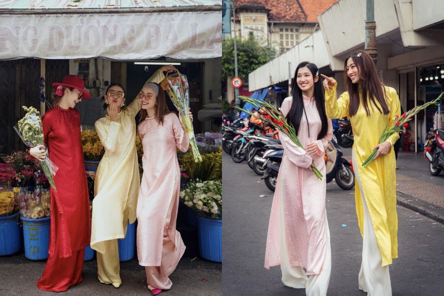 chụp ảnh áo dài Tết khi đang trò chuyện