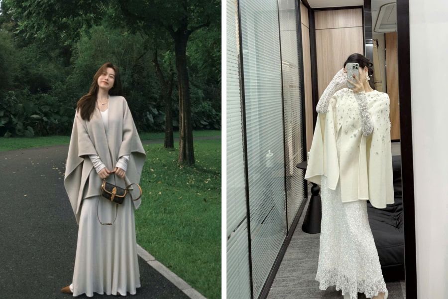 Tiểu thư sang chảnh với bộ outfit sử dụng áo choàng đính đá