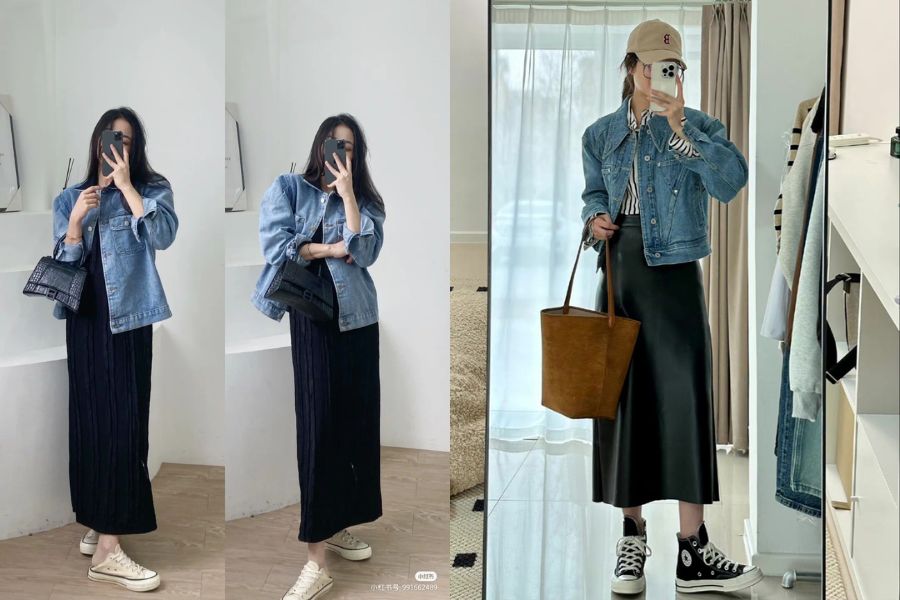 Áo khoác jean phối với váy maxi dài bay bổng