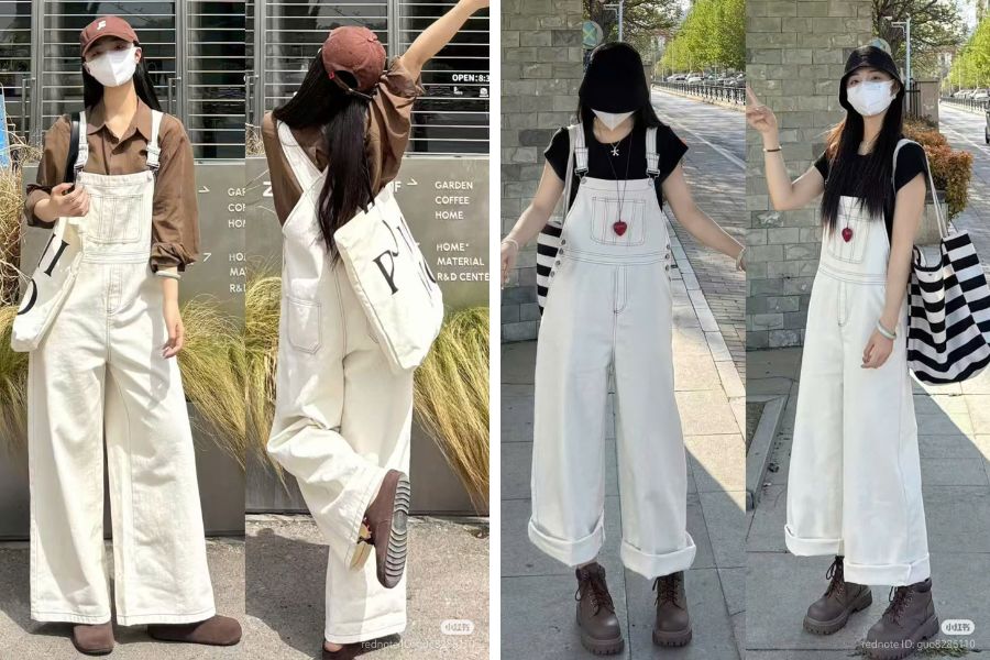 Kết hợp quần bò yếm trắng với áo màu đen hoặc nâu đậm, phụ kiện trùng với màu áo