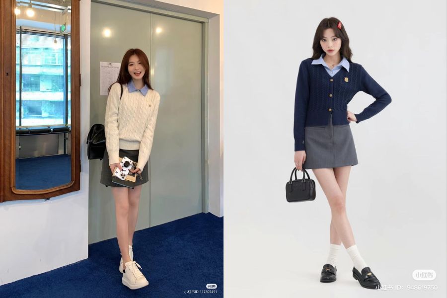 Áo len cổ sơ mi phối với chân váy ngắn
