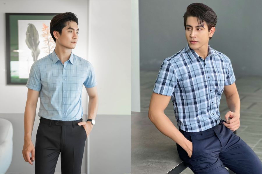 áo sơ mi ngắn tay kẻ caro nhỏ phối quần kaki sáng màu