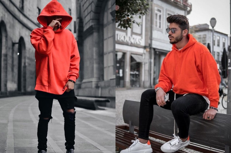 Phối áo hoodie đỏ nam với quần jeans đen