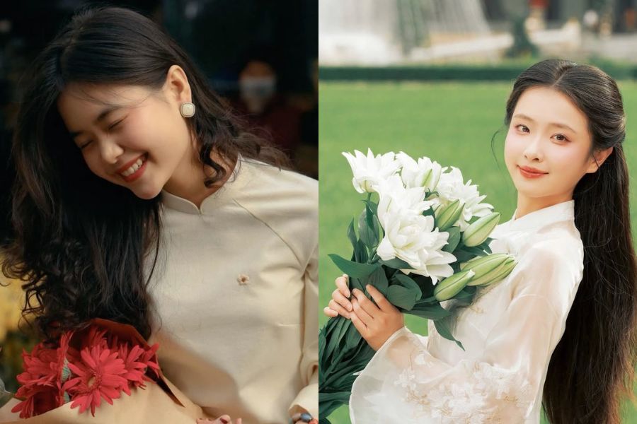 Tạo dáng chụp ảnh Tết ôm hoa trong lòng