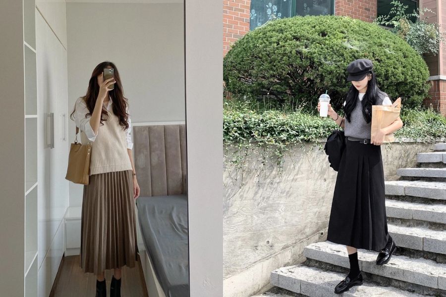 Áo gile và chân váy xếp ly dài