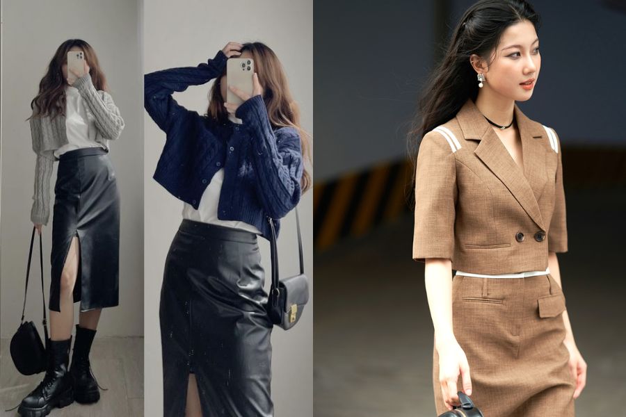 Mix chân váy bút chì tôn dáng cùng áo khoác croptop 
