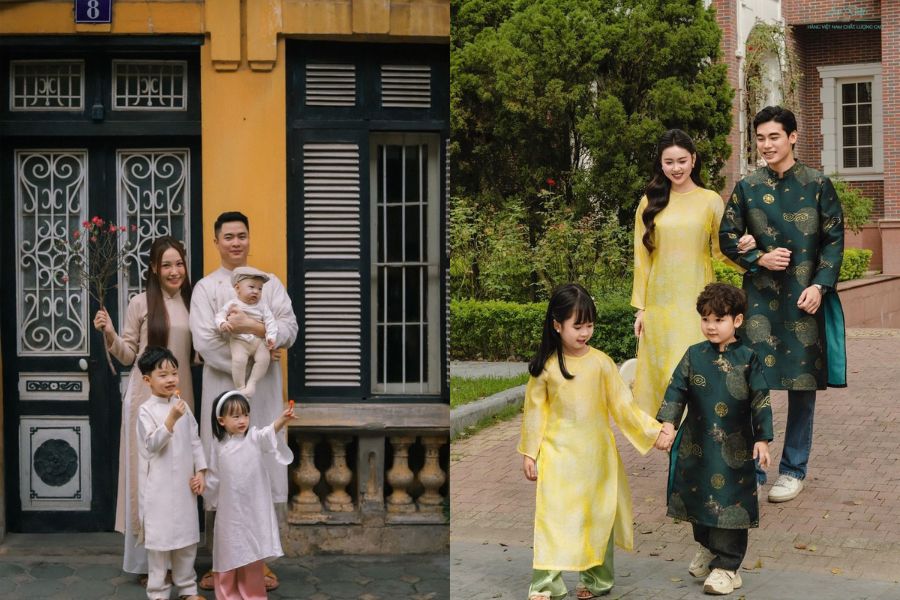 Tạo dáng chụp ảnh áo dài Tết cùng gia đình