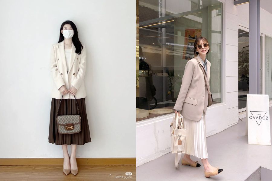 Chân váy xếp ly kết hợp với áo blazer