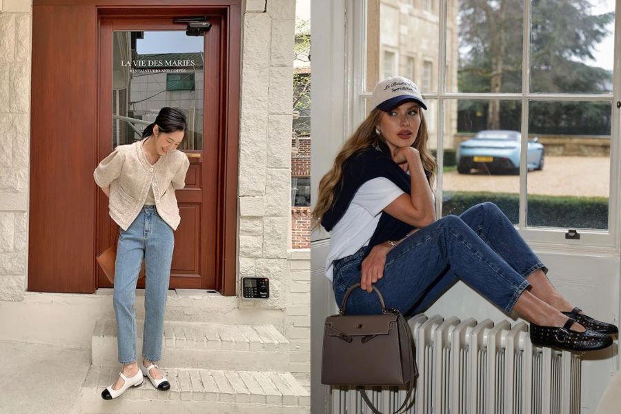 cách phối quần jean nữ với giày búp bê