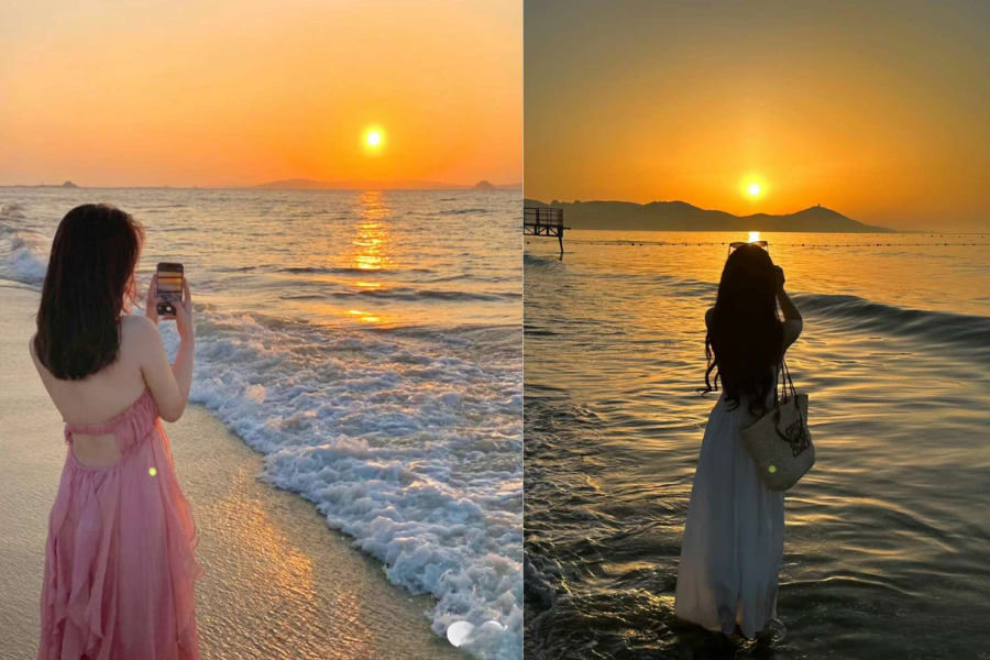 Tạo dáng chụp ảnh bình minh trên biển