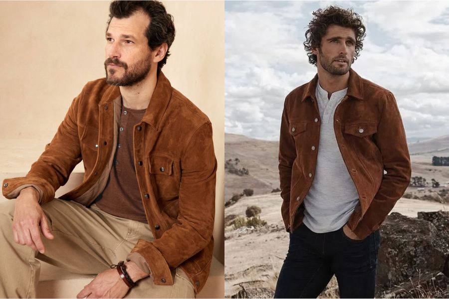 áo henley kết hợp áo jacket da lộn