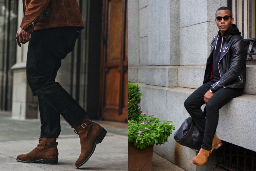 jodhpur boots kết hợp với quần jean và áo khoác da