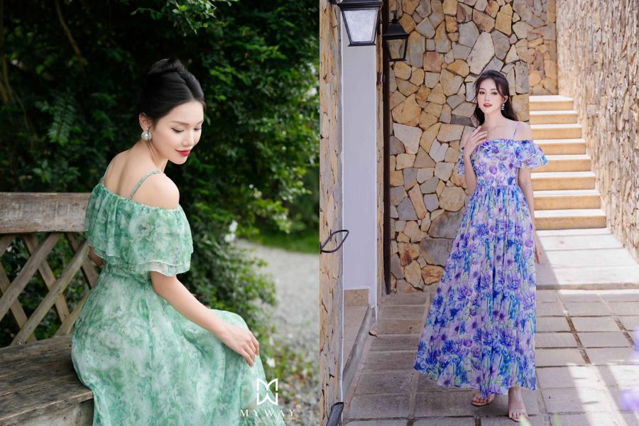 Váy maxi trễ vai tinh tế cho tiệc cưới