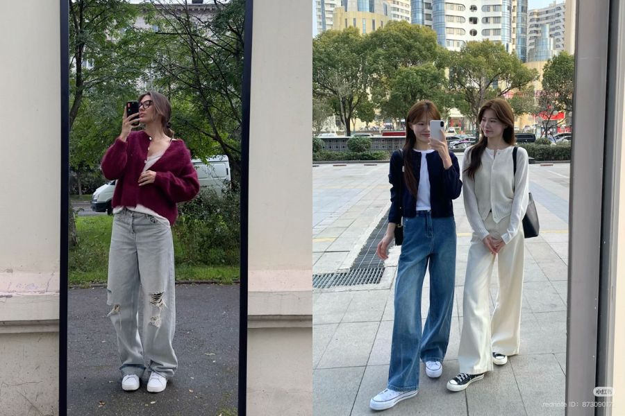 Cardigan len kết hợp quần jeans rách