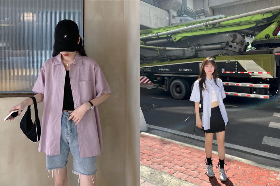 Sơ mi tay ngắn khoác ngoài áo thun cổ tròn