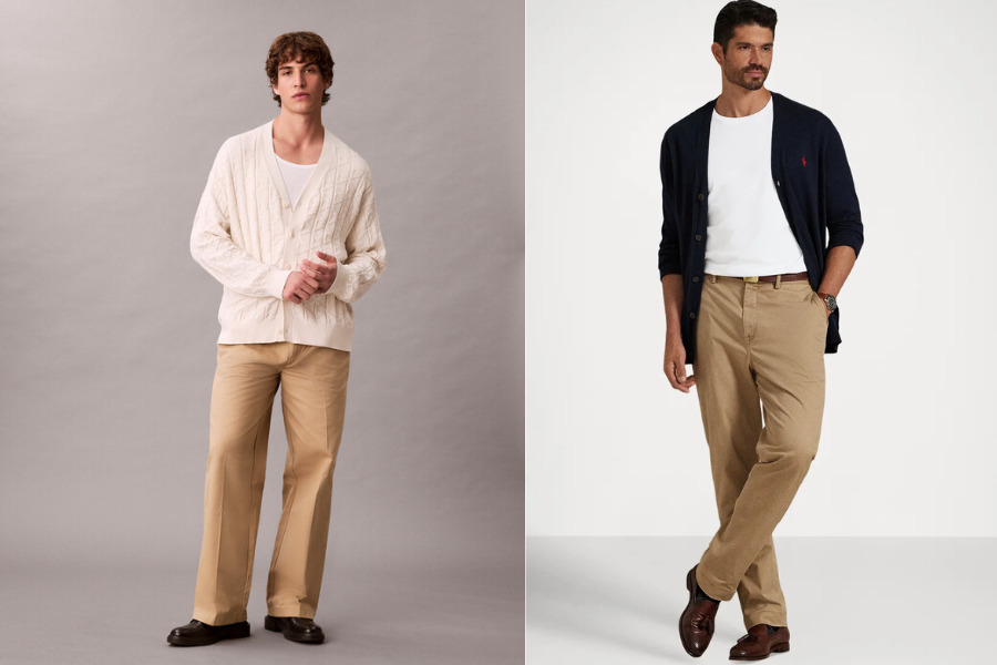 Áo cardigan cùng áo thun trắng và quần kaki