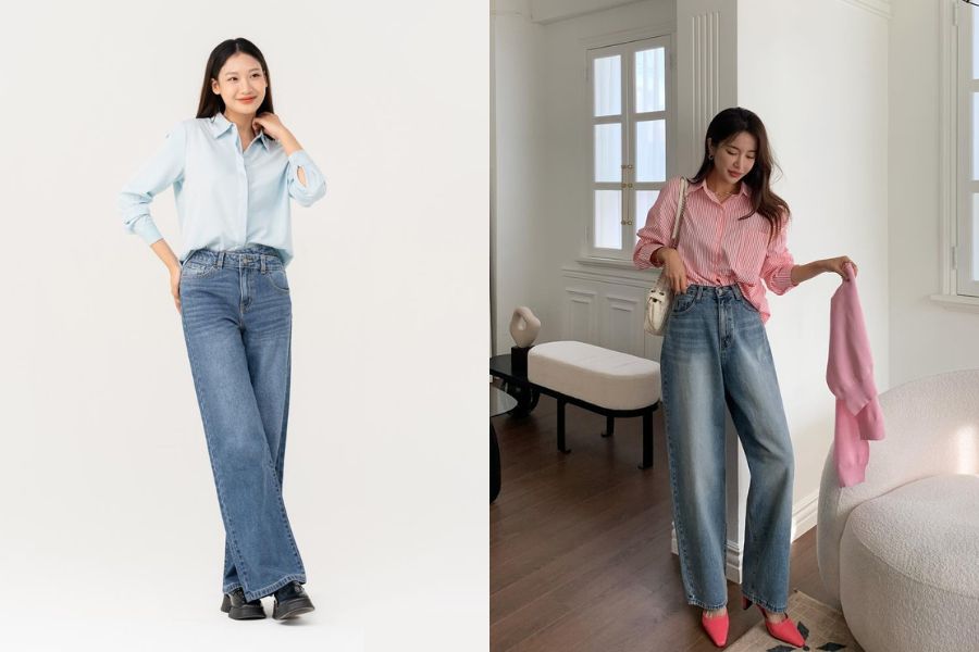 Quần jeans ống rộng và áo sơ mi oversize