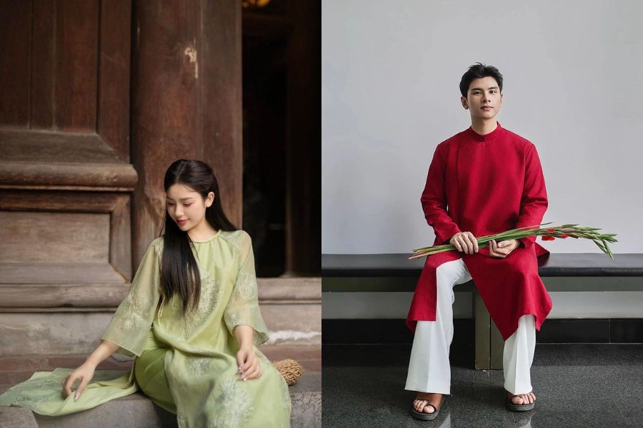 Chụp hình áo dài Tết tư thế ngồi 