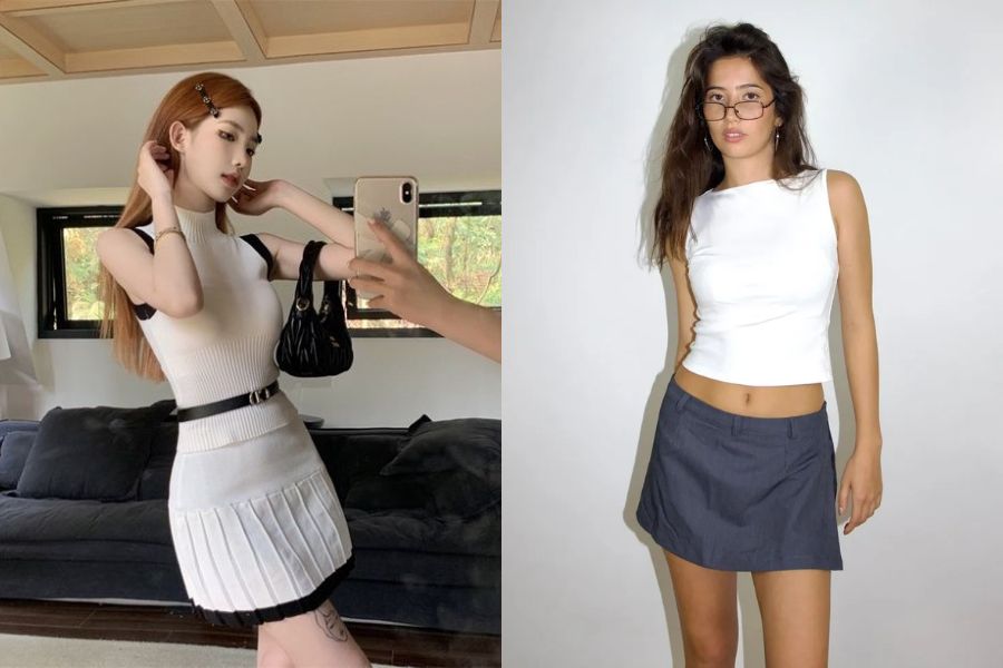 Áo len sát nách phối chân váy ngắn chữ A