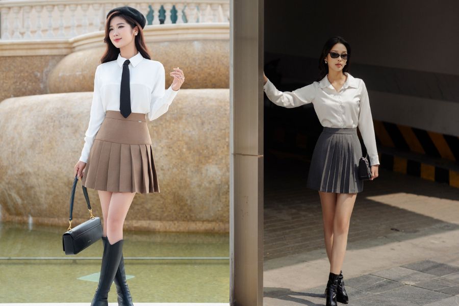 chân váy xếp ly mix&match áo sơ mi